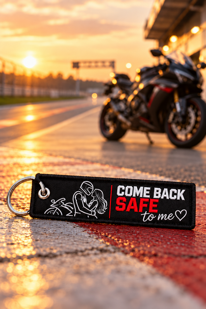 Come Back Safe To Me Embroidered Motorcycle Keychain – Guardian Biker Gift with Personal Note