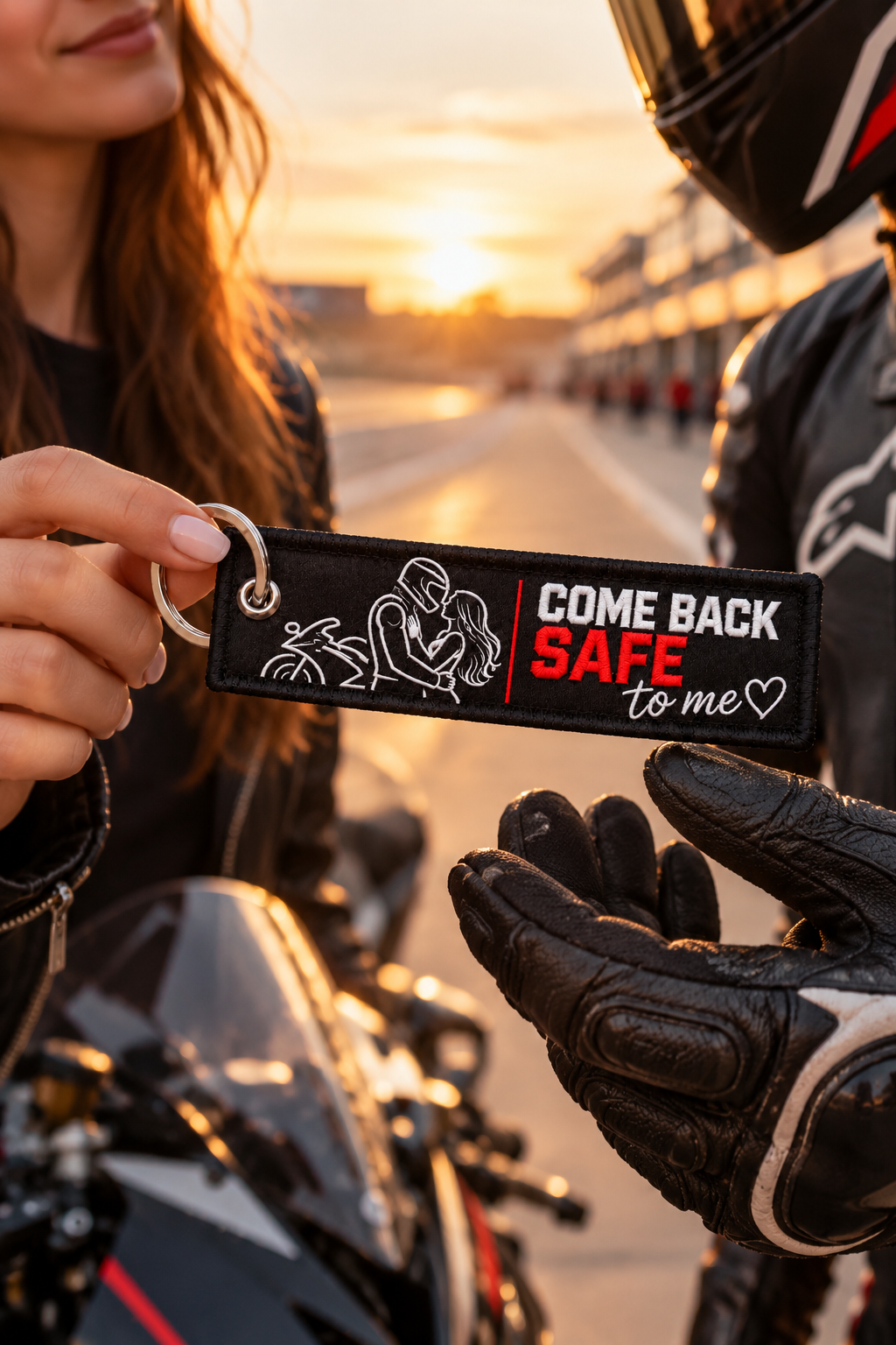 Come Back Safe To Me Embroidered Motorcycle Keychain – Guardian Biker Gift with Personal Note