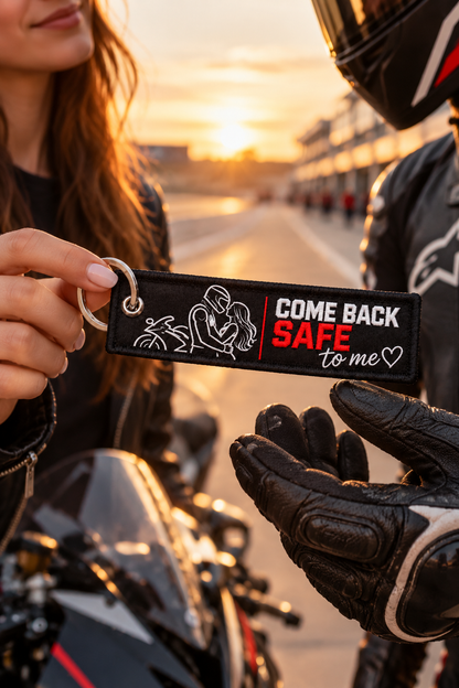Come Back Safe To Me Embroidered Motorcycle Keychain – Guardian Biker Gift with Personal Note