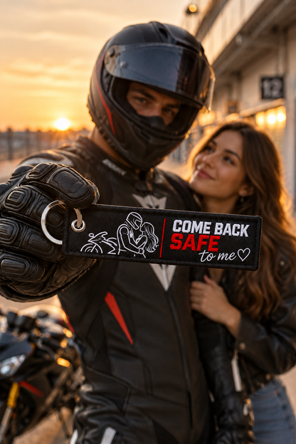 Come Back Safe To Me Embroidered Motorcycle Keychain – Guardian Biker Gift with Personal Note