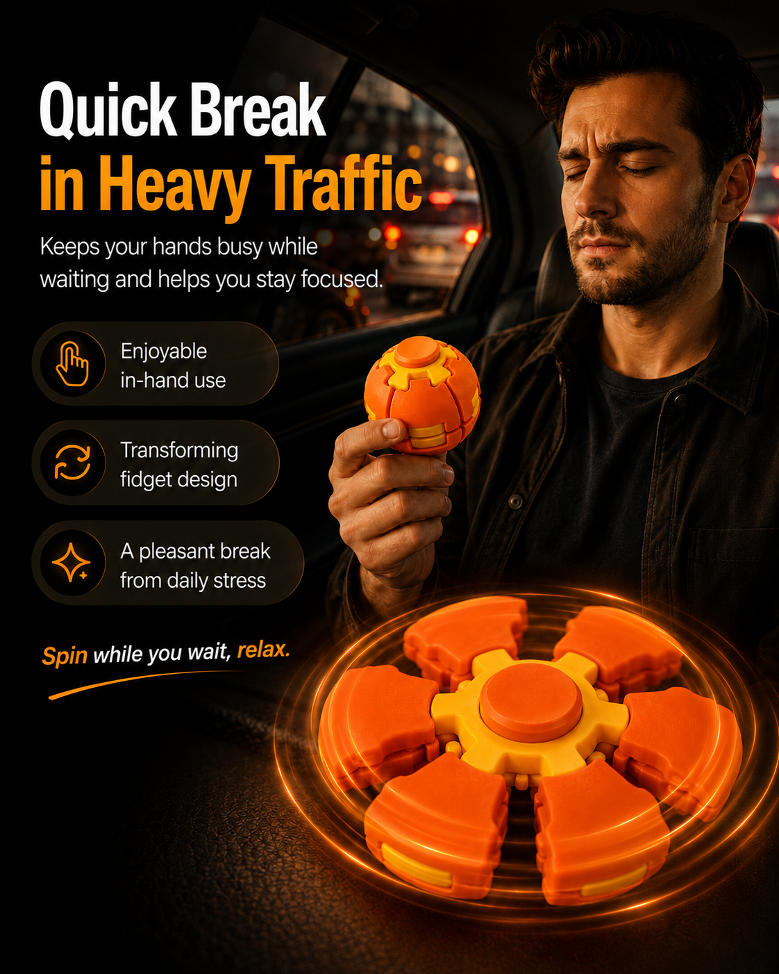 PressSpin X | 3D Printed Press to Spin Fidget Toy | One-Hand Stress Relief Spinner | Sensory Desk Toy for Adults & Kids | Office, School, Travel